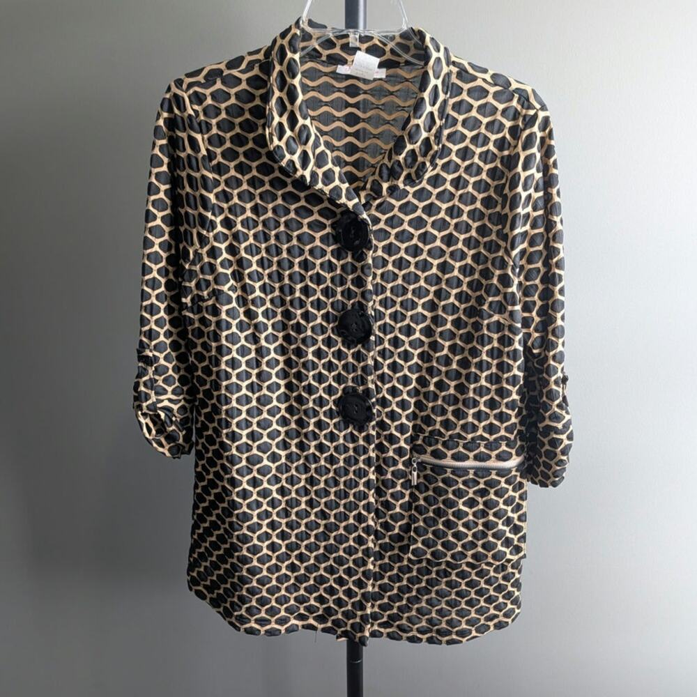Pretty Woman Black and Tan Honeycomb Print Jacket Blazer Size XL Lagenlook